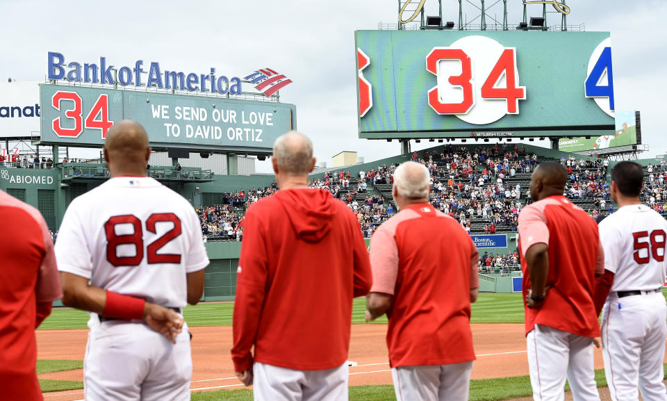 BOSTON, MA - JUNE 10: Members of the Boston Red Sox send their love to former Red Sox slugger David Ortiz prior to the start of a Major League Baseball game against the Texas Rangers at Fenway Park in Boston, Massachusetts on June 10, 2019. Ortiz was shot in the back in his native Dominican Republic a day earlier. (Staff Photo By Christopher Evans/MediaNews Group/Boston Herald via Getty Images)