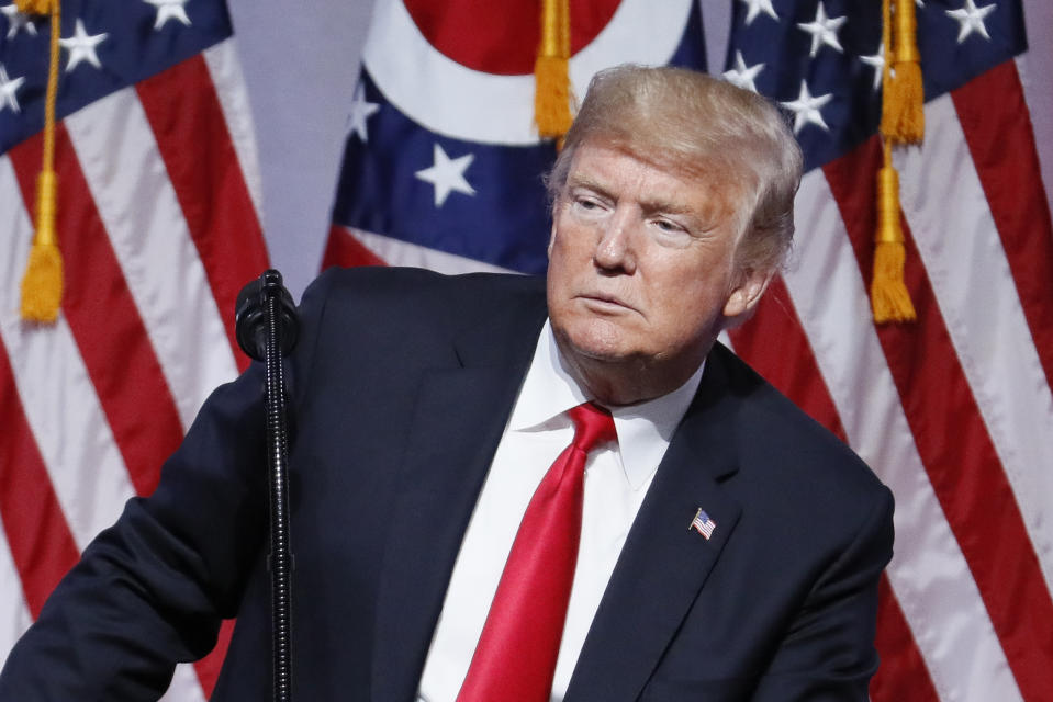 President Donald Trump speaks during the 2018 Ohio Republican Party State Dinner, Friday, Aug. 24, 2018, in Columbus, Ohio. (AP Photo/John Minchillo)