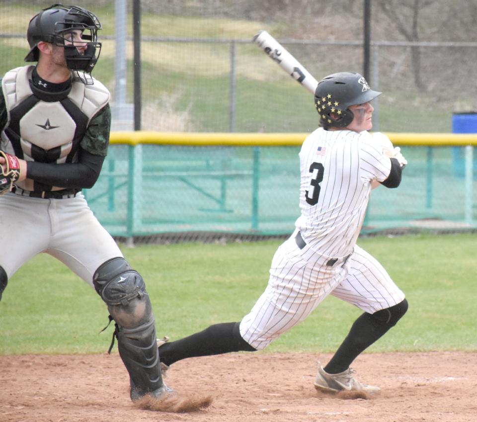 Herkimer College Trey Miller, pictured hitting against Mohawk Valley Community College April 26, shifted from center field to shortstop this season in one of the key lineup adjustments made by the Generals.