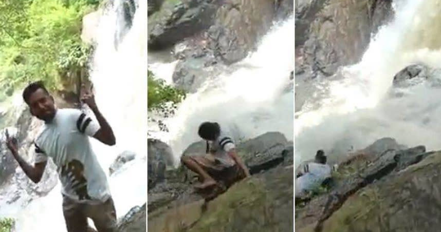 男子拍下帥氣照片後失足被瀑布沖走。（圖／翻攝自推特）