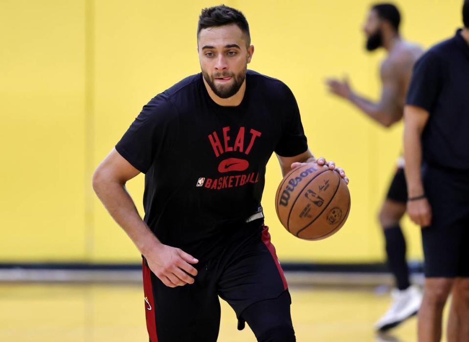 Miami Heat guard Max Strus does drills during training camp in preparation for the 2021-22 NBA season at FTX Arena on September 28 2021, in Miami.