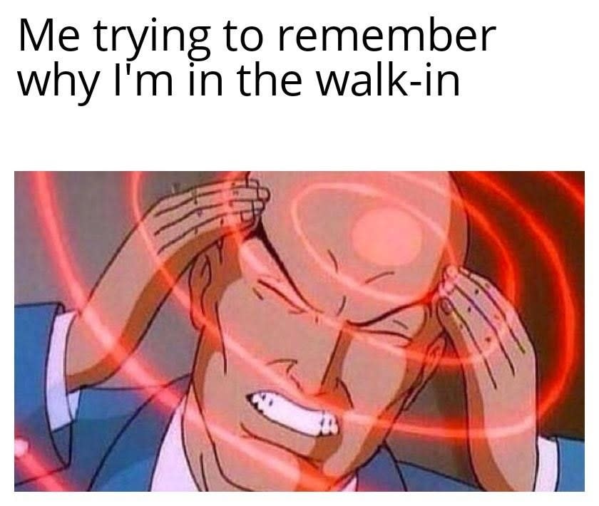 meme of a man struggling that reads me trying to remember why i'm in the walk-in