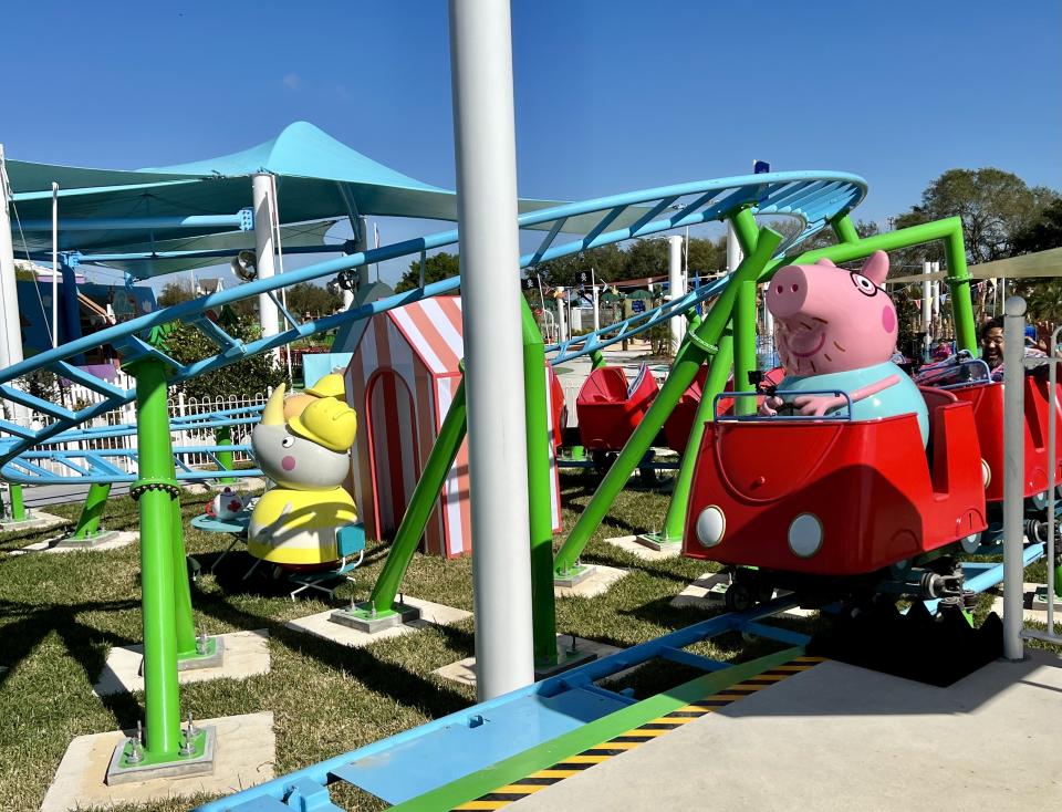 Daddy Pig's red car is the star of Daddy Pig's Roller Coaster, a kid-sized coaster perfect for preschoolers and their parents. (Photo: Terri Peters)