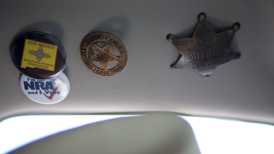 NRA and sheriff buttons are affixed to the roof of then-Sheriff Mace's truck in 2019. - Adria Malcolm/Reuters