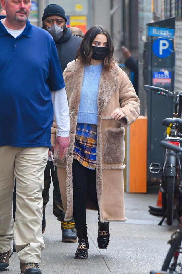 Who made Selena Gomez's tan coat, ankle boots, black sunglasses