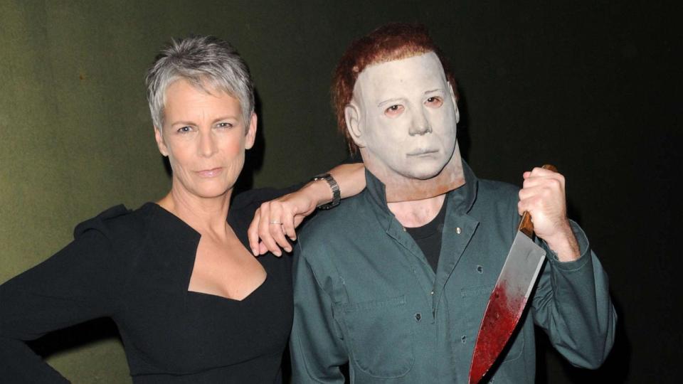 PHOTO: Actress Jamie Lee Curtis poses backstage with Michael Myers at the sCare Foundation's 1st Annual Halloween Launch Benefit held at The Conga Room at L.A. Live on Oct. 30, 2011 in Los Angeles. (Albert L. Ortega/Getty Images)