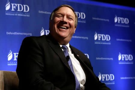 CIA Director Mike Pompeo laughs at the FDD National Security Summit in Washington, U.S., October 19, 2017. REUTERS/Yuri Gripas