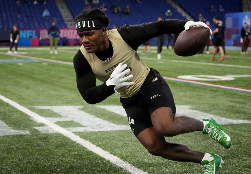 Oregon running back Bucky Irving during the 2024 NFL Combine at Lucas Oil Stadium March 2, 2024, in Indianapolis.
