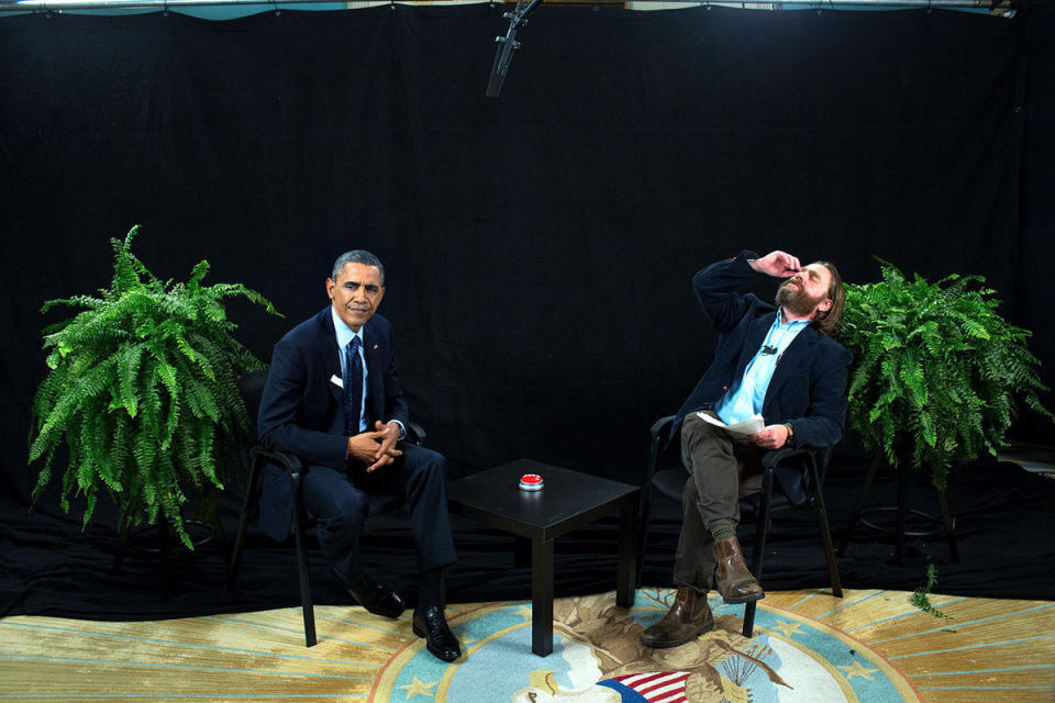 Obama participates in an interview with Zach Galifianakis for "Between Two Ferns with Zach Galifianakis" in the Diplomatic Reception Room of the White House on Feb. 24, 2014.