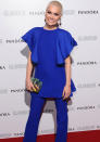 Jessie J rocked cobalt blue ruffled Gucci with a clear clutch.