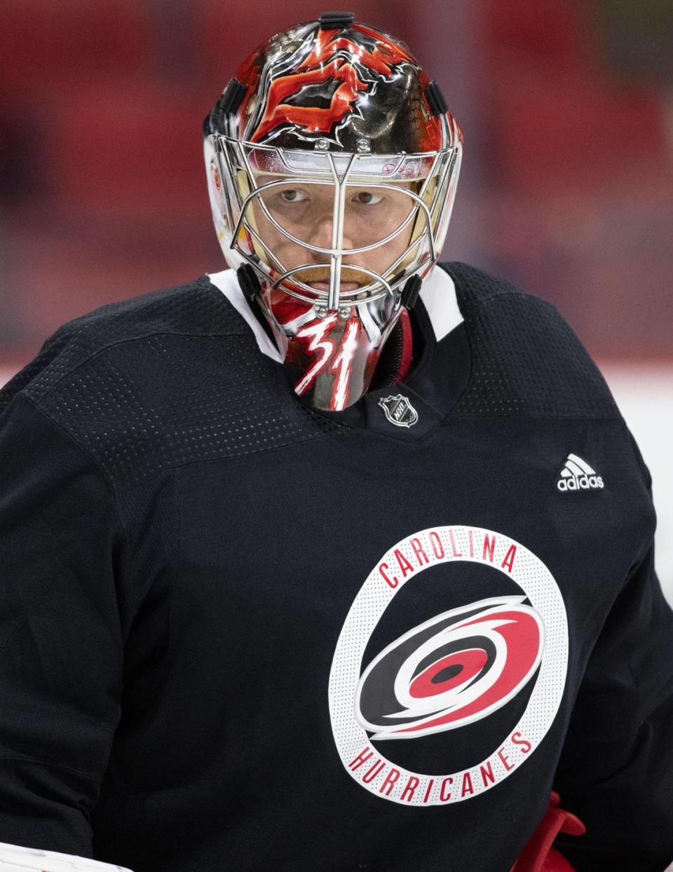 Carolina Hurricanes’ goalie Freddy Andersen (31) skates during the opening day of training camp on Thursday, September 23, 2021 at PNC Arena in Raleigh, N.C.