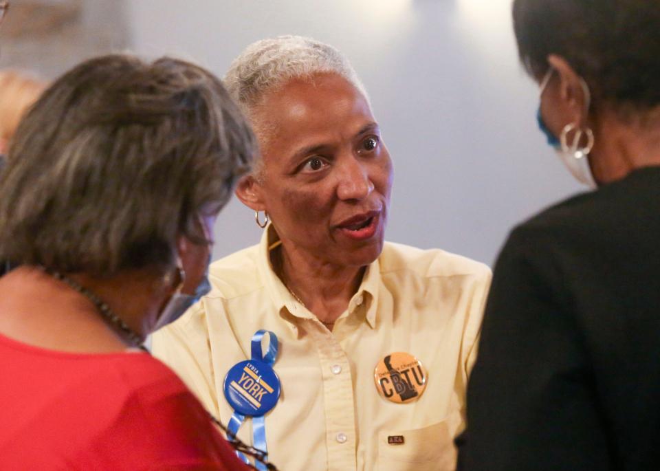 Democratic candidate for state auditor Lydia York speaks with supporters at a post-primary election gathering at Timothy's on the Riverfront in Wilmington, Tuesday. Sept. 13, 2022.