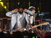 CLEVELAND, OH - APRIL 14: George Clinton performs with inductee Ron Wood onstage during the 27th Annual Rock And Roll Hall of Fame Induction Ceremony at Public Hall on April 14, 2012 in Cleveland, Ohio. (Photo by Michael Loccisano/Getty Images)