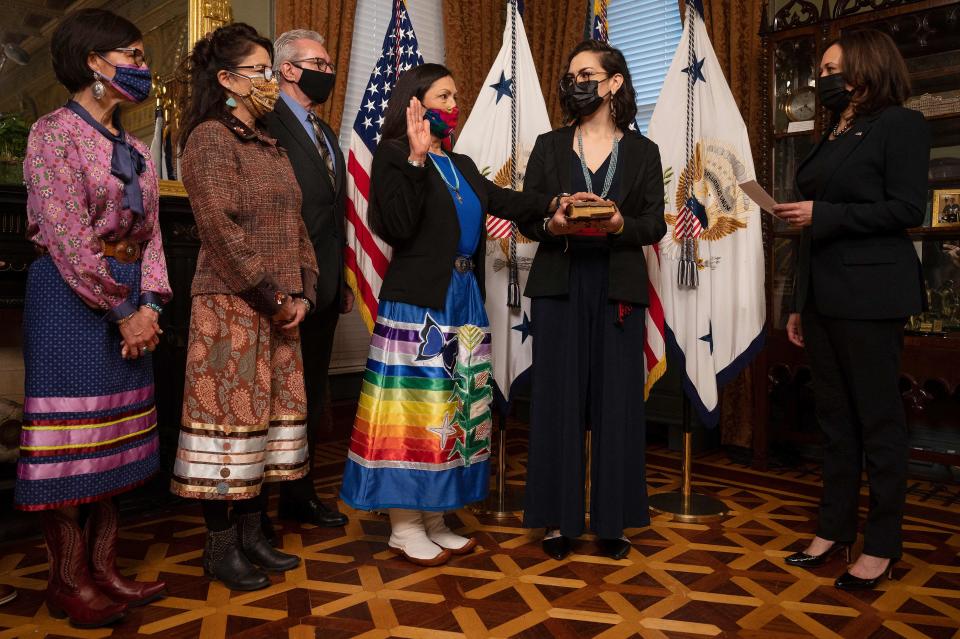 On March 18, Deb Haaland was sworn in as US Interior Secretary by Vice President Kamala Harris. (Photo: JIM WATSON/AFP via Getty Images)