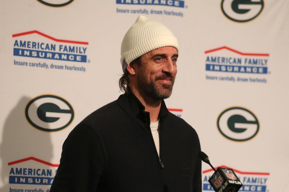 Green Bay Packers' Aaron Rodgers speaks at a news conference after an NFL football game against the San Francisco 49ers in Santa Clara, Calif., Sunday, Sept. 26, 2021.