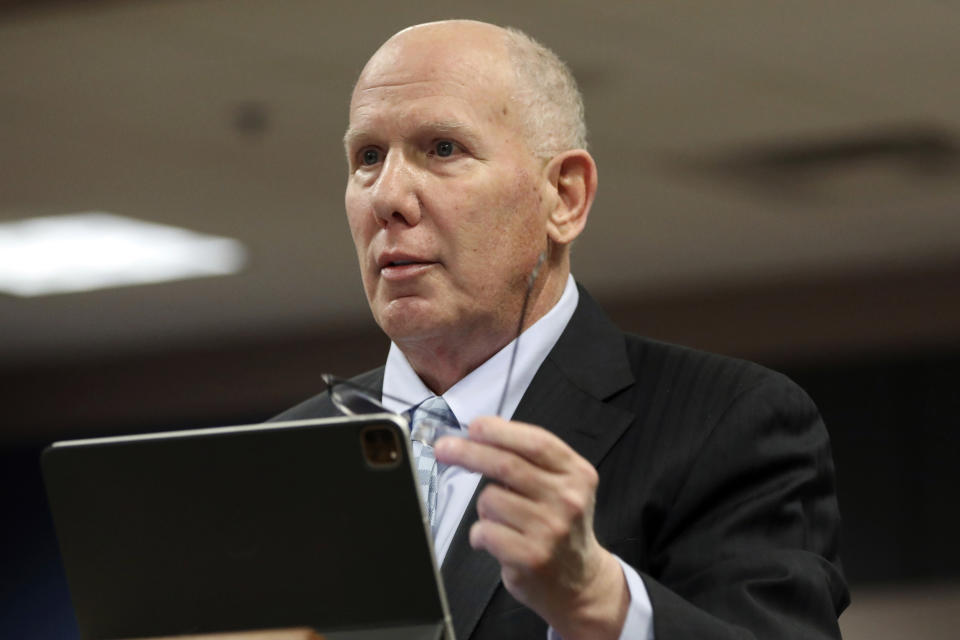 Attorney Steve Sadow, former President Donald Trump’s lead attorney in the case, speaks during a hearing on the Georgia election interference case, Thursday, Feb. 15, 2024, in Atlanta. The hearing is to determine whether Fulton County District Attorney Fani Willis should be removed from the case because of a relationship with Nathan Wade, a special prosecutor she hired in the election interference case against Trump. (Alyssa Pointer/Pool Photo via AP)