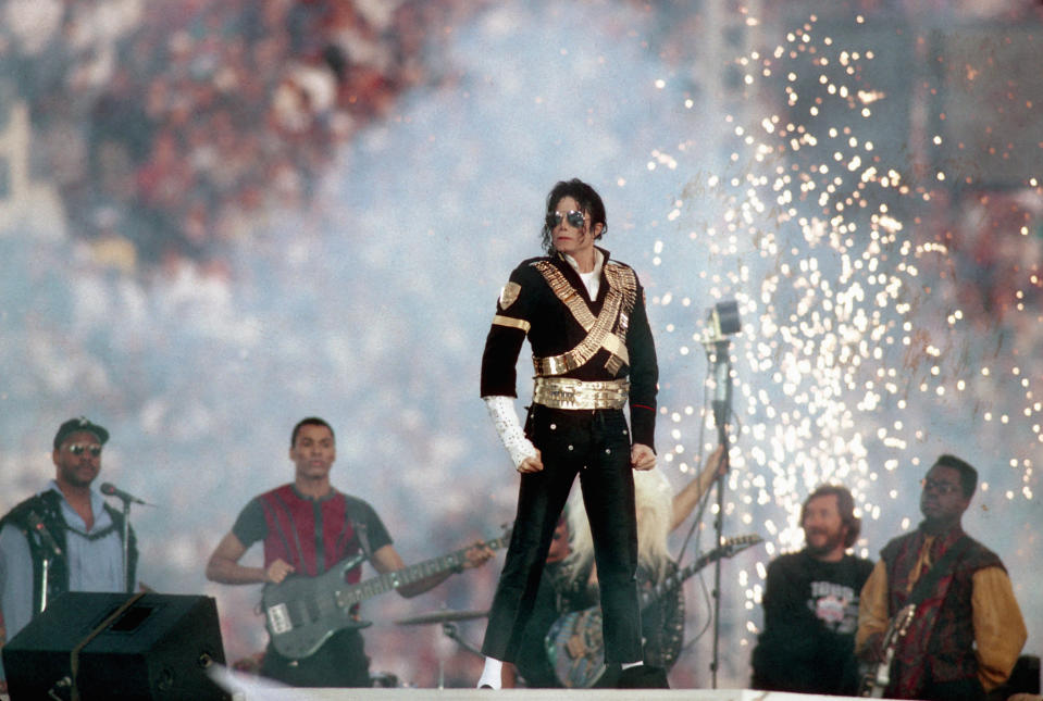 Michael Jackson performs during halftime of a 52-17 Dallas Cowboys win over the Buffalo Bills in Super Bowl XXVII on January 31, 1993 at Rose Bowl in Pasadena California. (Getty Images)