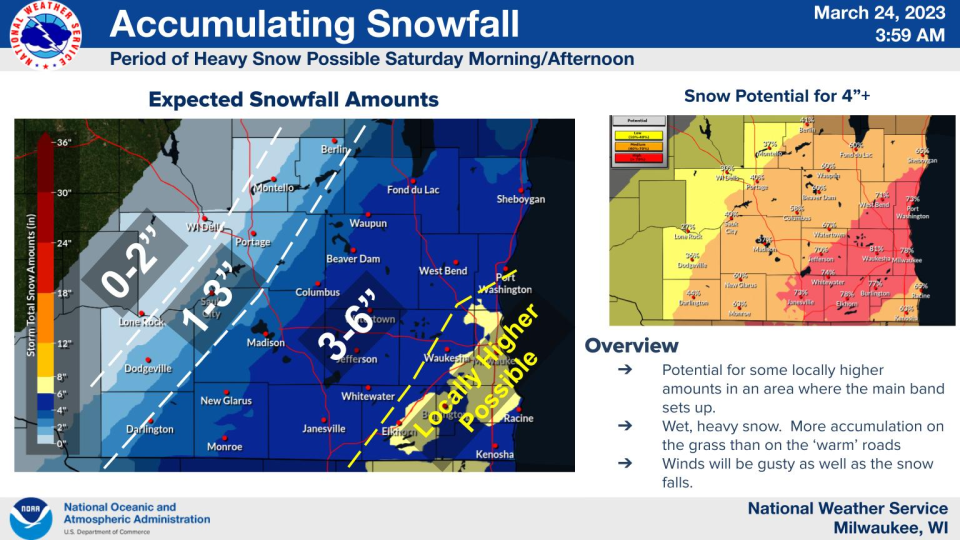 This map shows snowfall potential for Saturday's winter storm in southeastern Wisconsin, released March 24, 2023.