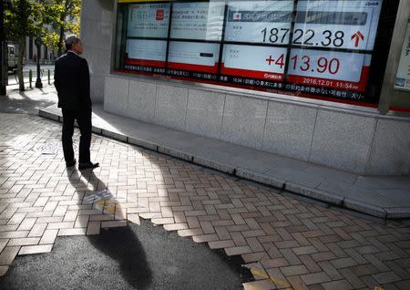 A man looks at an electronic board showing Japan's Nikkei average outside a brokerage in Tokyo, Japan, December 1, 2016. REUTERS/Kim Kyung-Hoon - RTSU45A