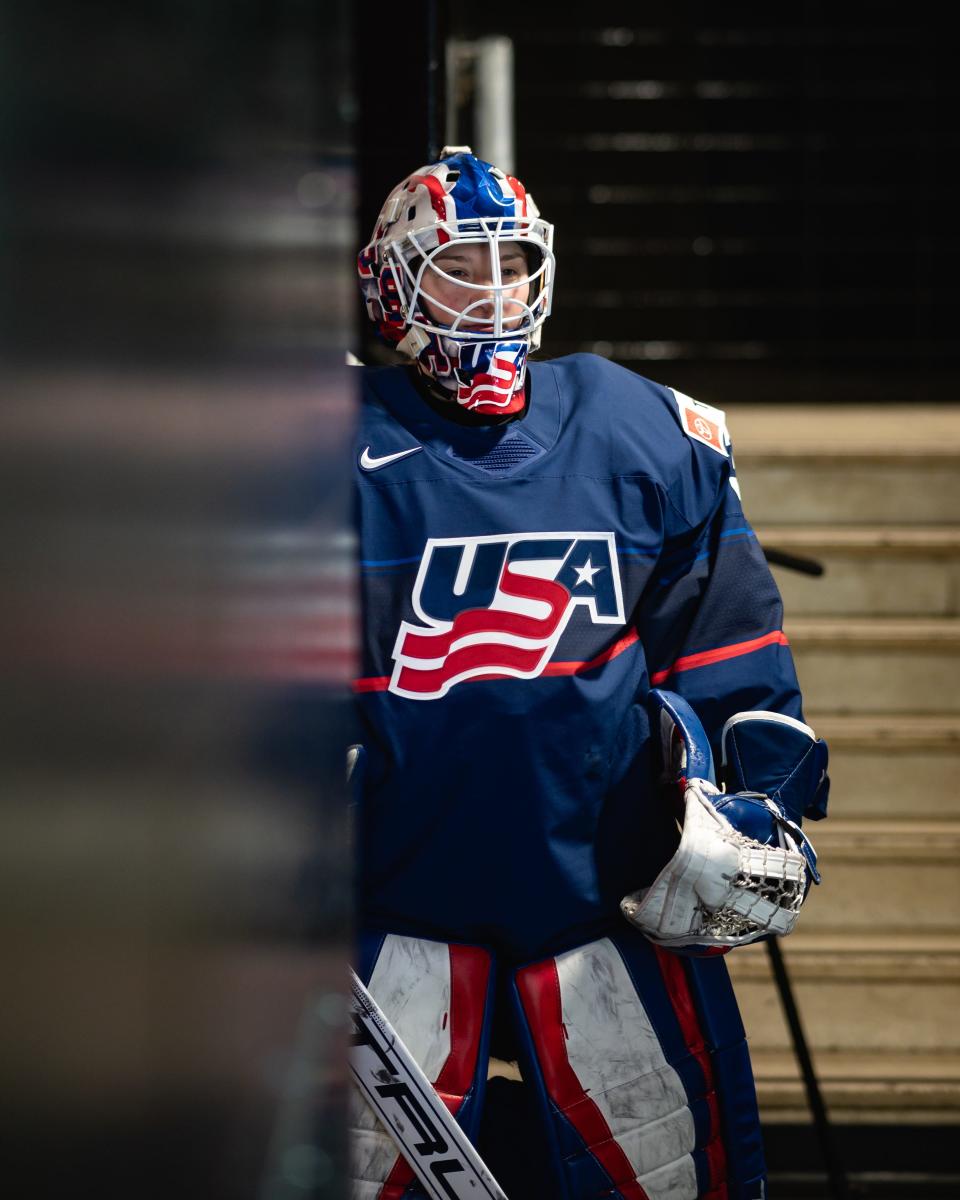 Team USA goalie Aerin Frankel gets ready for the second period of Thursday's quarterfinal at the Adirondack Bank Center in Utica.