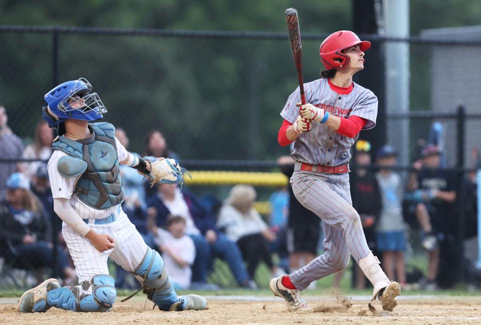 Bridgewater-Raynham's Casey Wensley watches his homerun  during a game versus Franklin on Saturday, June 10, 2023.