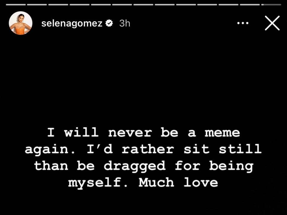 Selena Gomez wrote on Instagram that she "will never be a meme again" after the 2023 MTV VMAs.