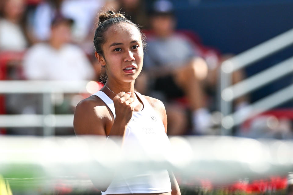 MONTREAL, CANADA - AUGUST 09:  Leylah Fernandez of Canada celebrates a point against Beatriz Haddad Maia of Brazil on Day 3 during the National Bank Open at Stade IGA on August 9, 2023 in Montreal, Canada.  (Photo by Minas Panagiotakis/Getty Images)