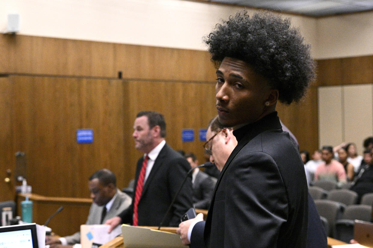 Mikey Williams looks on in court Friday, Oct. 27, 2023, in El Cajon, Calif. Star Memphis basketball recruit Mikey Williams is in Superior Court for arraignment on nine felony charges stemming from a March 27 shooting at his $1.2 million home. (AP Photo/Orlando Ramirez)