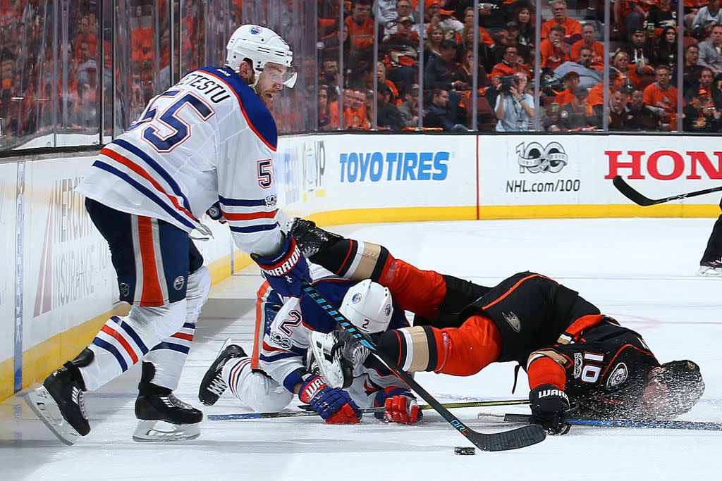 ANAHEIM, CA – APRIL 26: Mark Letestu #55 of the Edmonton Oilers gains control of the puck as Andrej Sekera #2 battles against Corey Perry #10 of the Anaheim Ducks in Game One of the Western Conference Second Round during the 2017 NHL Stanley Cup Playoffs at Honda Center on April 26, 2017 in Anaheim, California. (Photo by Debora Robinson/NHLI via Getty Images)