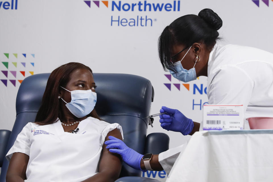 Nurse Sandra Lindsay receives the second dose of a Pfizer coronavirus disease (COVID-19) vaccine, at Long Island Jewish Medical Center