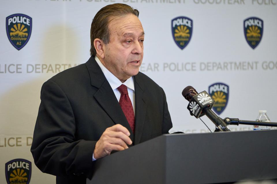 Joe Pizzillo, the mayor of Goodyear, addresses the media at the Goodyear Police Department on Feb. 27, 2023, during a press conference about a fatal crash two days ago, involving a large group of adult bicyclists who were hit by a pick-up truck on the Cotton Lane Bridge.