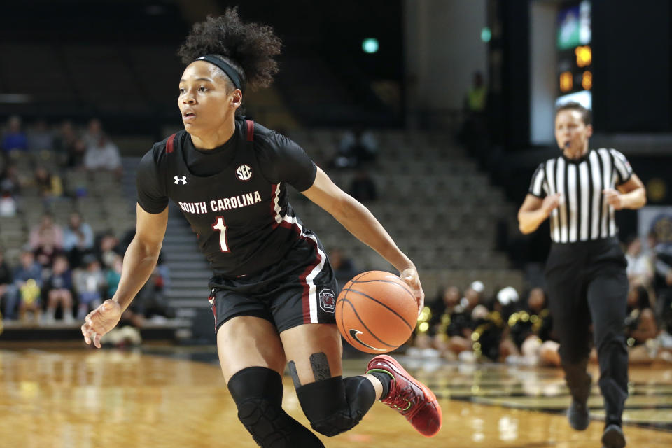 South Carolina guard Zia Cooke plays against Vanderbilt in the first half of an NCAA college basketball game Sunday, Jan. 12, 2020, in Nashville, Tenn. (AP Photo/Mark Humphrey)