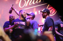 TORONTO, ON- JUNE 13 - Drake celebrates. Toronto fans watch, worry and celebrate at Jurassic park as the Toronto Raptors beat the Golden State Warriors in game six to win the NBA Championship at Oracle Arena in Oakland outside at Scotiabank Arena in Toronto. June 13, 2019. (Steve Russell/Toronto Star via Getty Images)