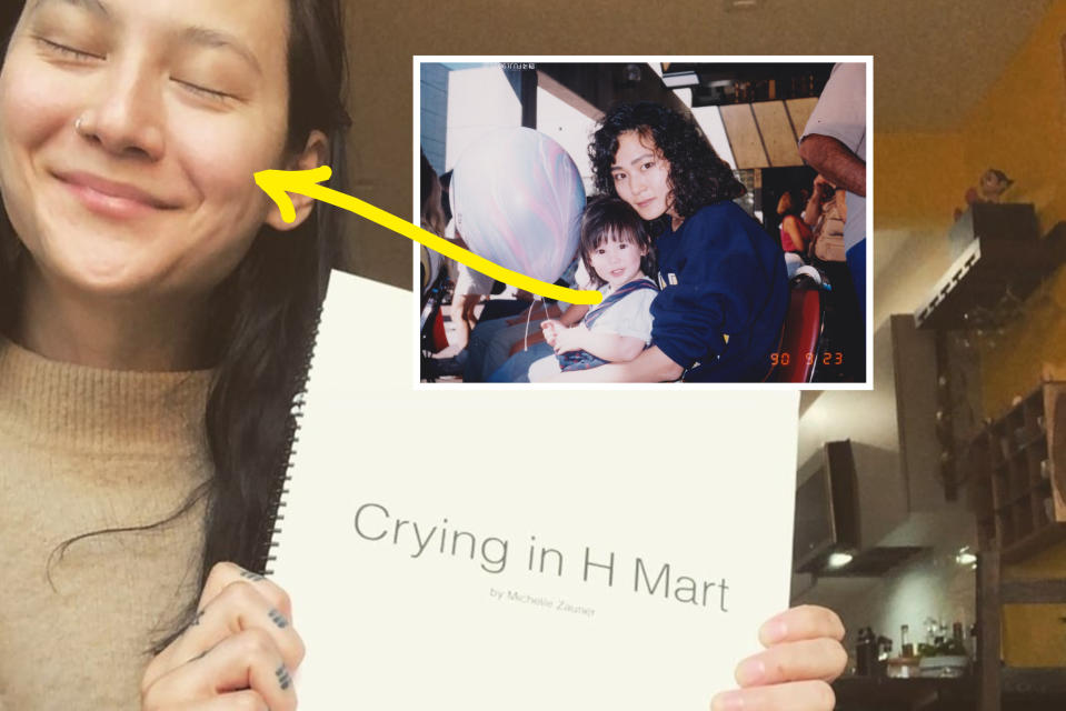 author and musician michelle zauner with a manuscript of her memoir "crying in h mart" (insert) baby michelle zauner with her mother