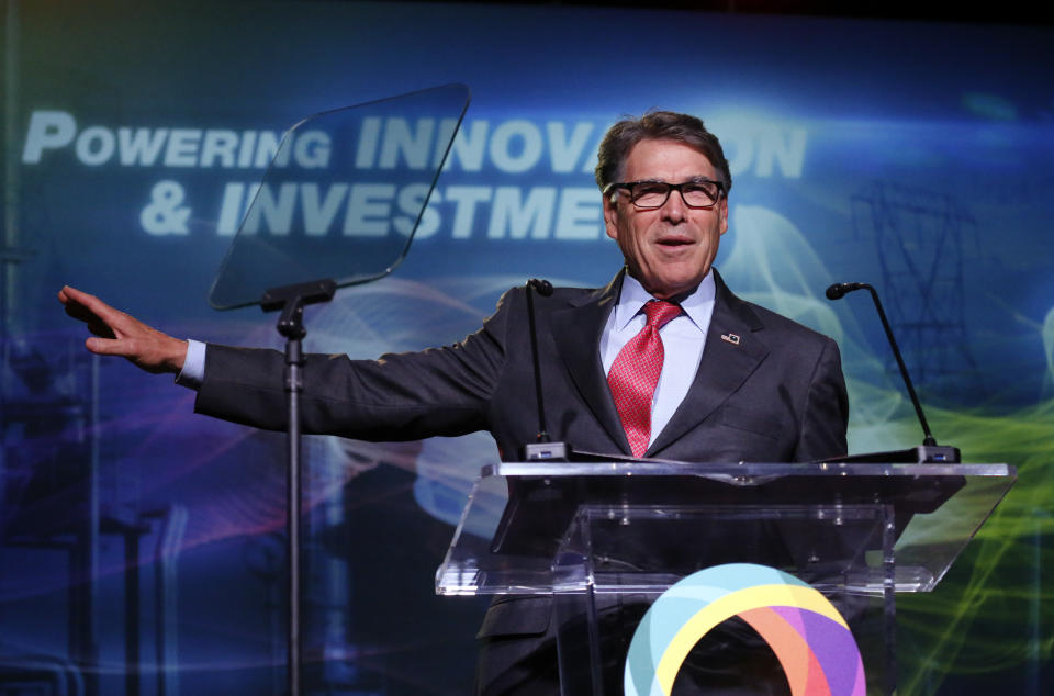 FILE - In this May 30, 2019, file photo, Energy Secretary Rick Perry speaks at an energy summit in Salt Lake City. A business executive Perry recommended as an adviser to Ukraine’s government exaggerated his military credentials, according to veterans who examined his record. Robert Joseph Bensh claimed to have been a member of the U.S. military’s most elite units: Army Rangers, Special Forces and Delta Force. But a summary of his military career shows he spent less than five years in uniform, almost all of it with the Army National Guard. (AP Photo/Rick Bowmer, File)