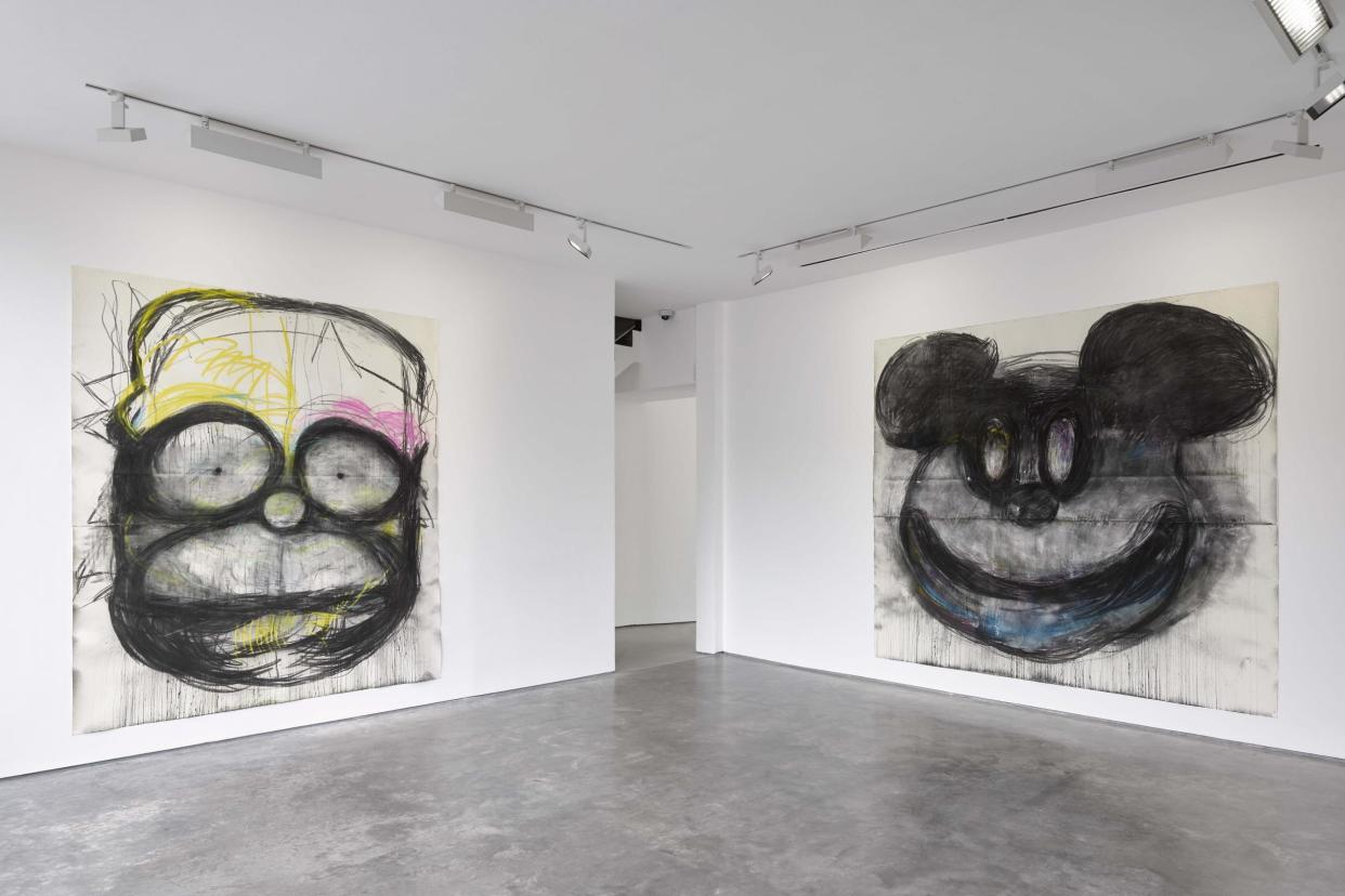 Hypnotised mania: Joyce Pensato’s Homer in the Hood, 2017 and Big Mickey, 2017: Courtesy Lisson Gallery