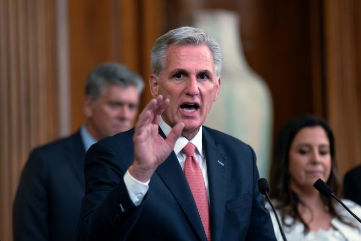 House Speaker Kevin McCarthy, R-Calif., holds a news conference as the House prepares to leave August, at the Capitol Building in Washington, Thursday, July 27, 2023.