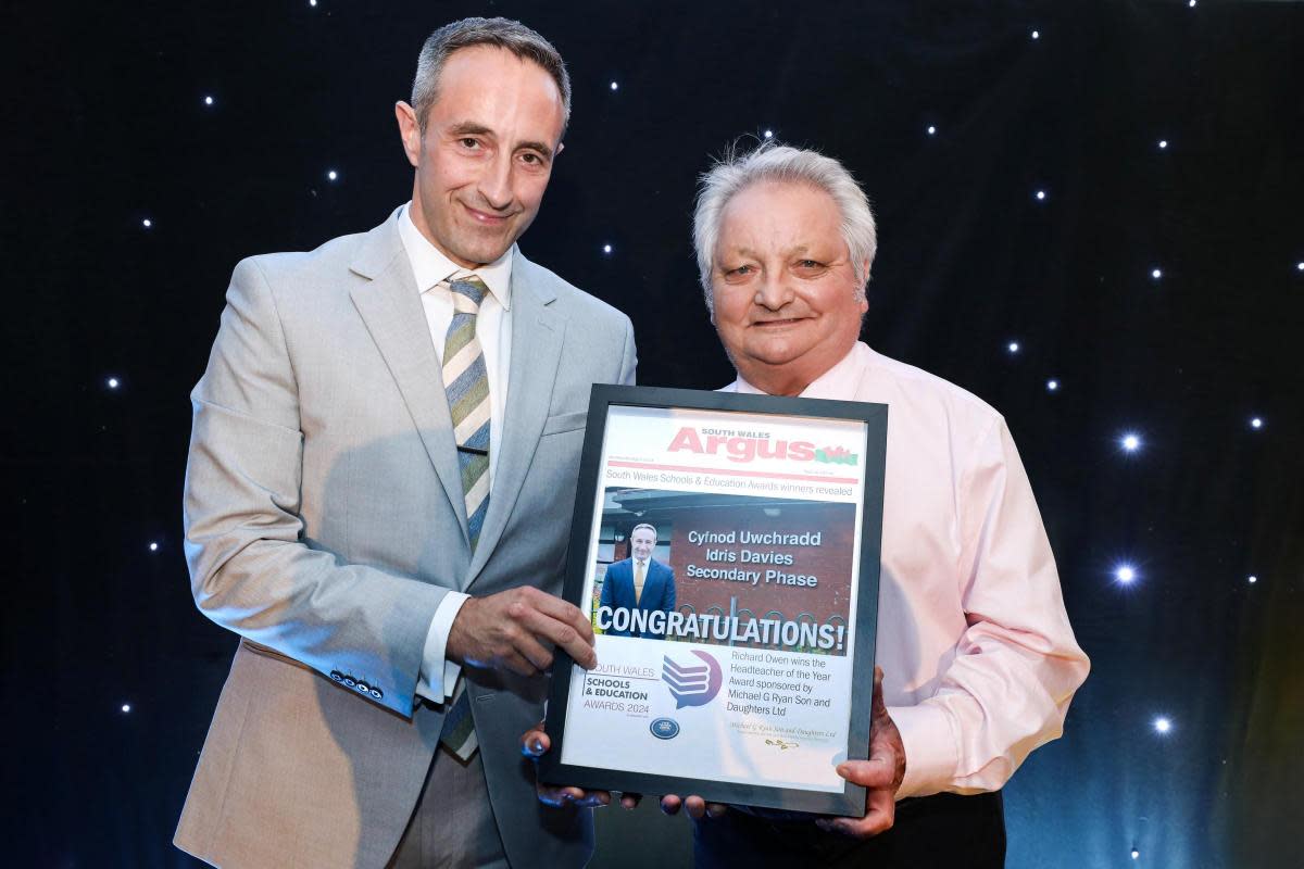 Richard Owen was presented with the Headteacher of the Year award by sponsor Michael G Ryan <i>(Image: Rob Davies - Beed Images)</i>