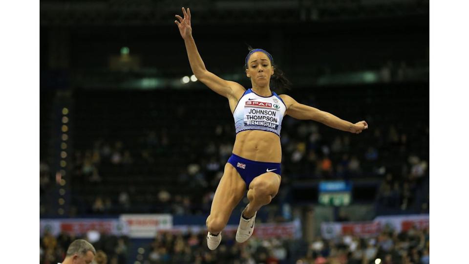 Katarina Johnson-Thompson competing in the long jump