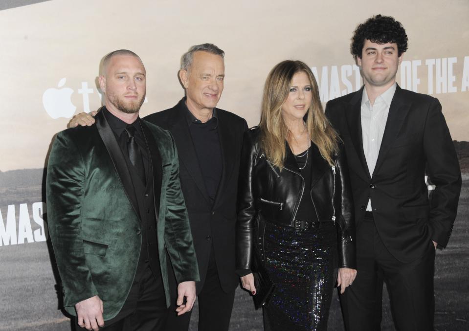 Chet Hanks, Tom Hanks, Rita Wilson, Truman Hanks at arrivals, MASTERS OF THE AIR Series Premiere on Apple TV+, Village Theater, Los Angeles, CA, United States, January 10, 2024. (Photo by: Elizabeth Goodenough/Everett Collection)