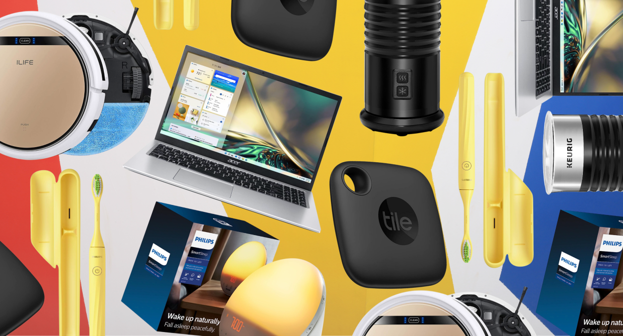 collage of amazon products/deals, tile tracker, laptop, keurig milk frother, robot vacuum, philips sunrise alarm clock, yellow philips electric toothbrush