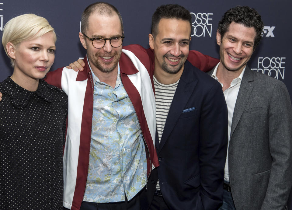 Michelle Williams, from left, Sam Rockwell, Lin-Manuel Miranda and Thomas Kail pose backstage before a screening of FX's "Fosse/Verdon" at the 92nd Street Y on Thursday, April 18, 2019, in New York. (Photo by Charles Sykes/Invision/AP)