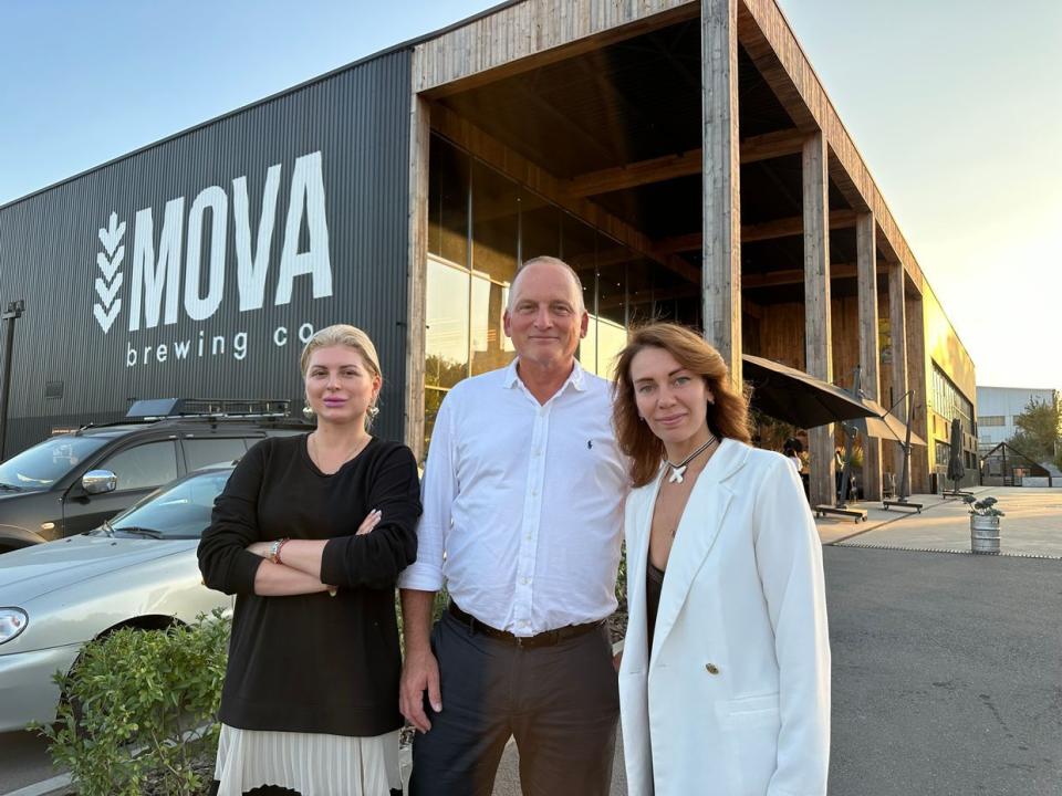 Trade4Aid founder Brian Karstens stands in front of partner company Mova Brewery in Dnipro. (Photo: Brian Karstens)