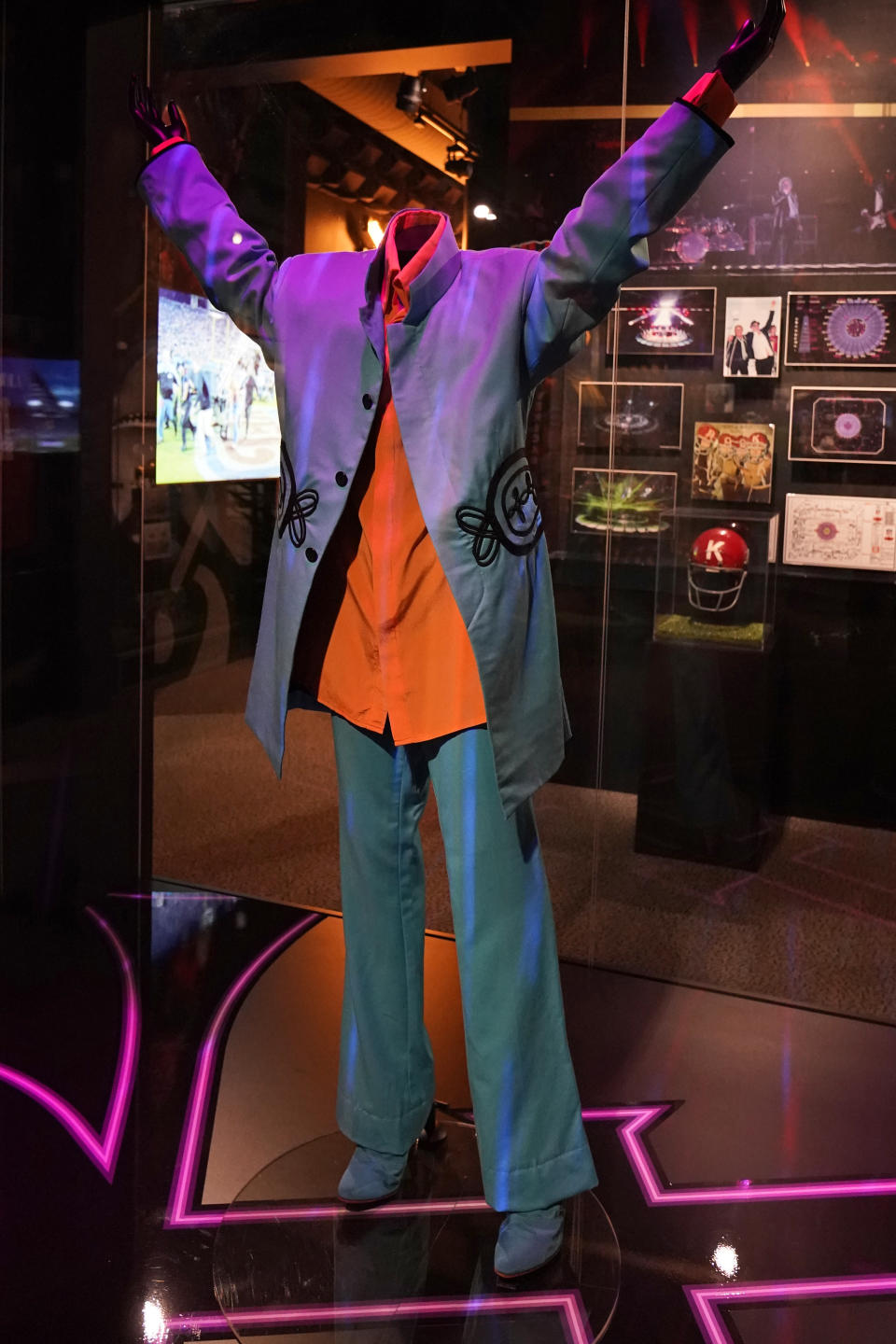 Prince's 2007 half-time outfit he wore in Super Bowl's XLI in Miami, Fla. is on display Thursday, April 29, 2021 at the Rock and Roll Hall of Fame in Cleveland. Rock Hall's NFL Halftime Show Exhibit with 55 Years Of NFL Halftime Shows, runs from April to September. (AP Photo/Tony Dejak)