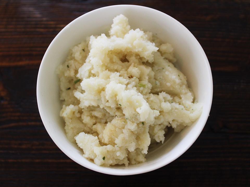 bells sour cream and chive mashed potatoes in a white bowl