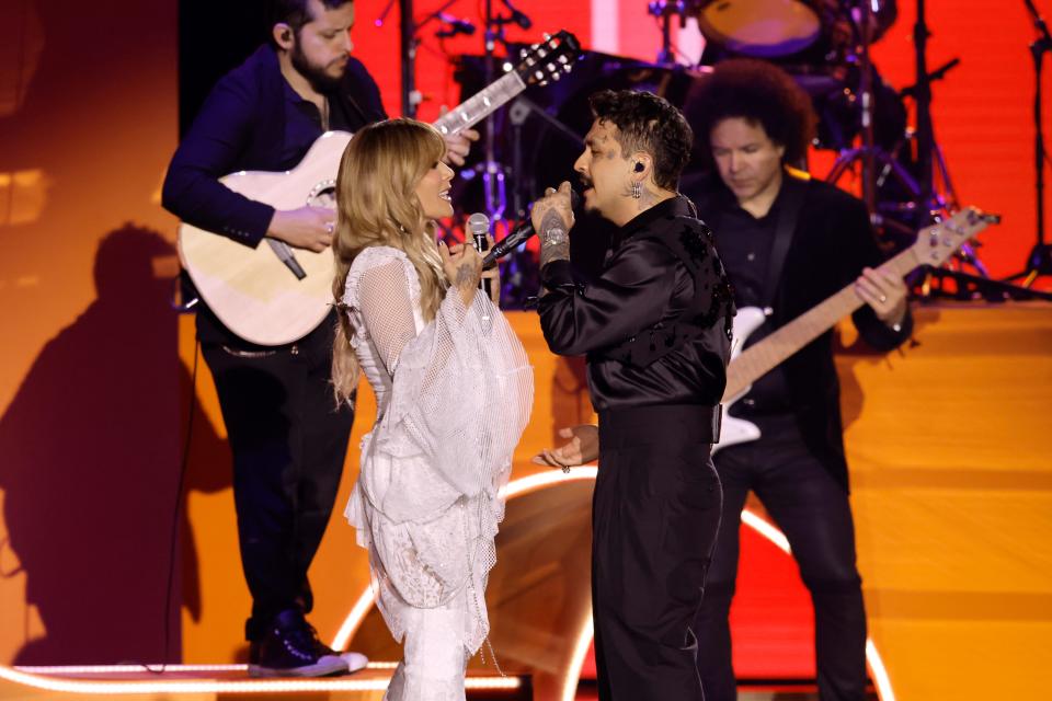 Kany García, left, and Christian Nodal perform onstage during the 24th annual Latin Grammy Awards on Nov. 16, 2023, in Seville, Spain.