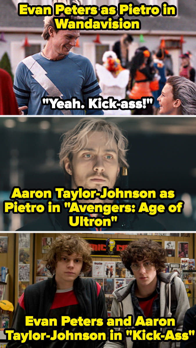 Evan Peters as Pietro says "Kick-Ass", and then there's a photo of the MCU Pietro, Aaron Taylor-Johnson, and the two actors in Kick-Ass