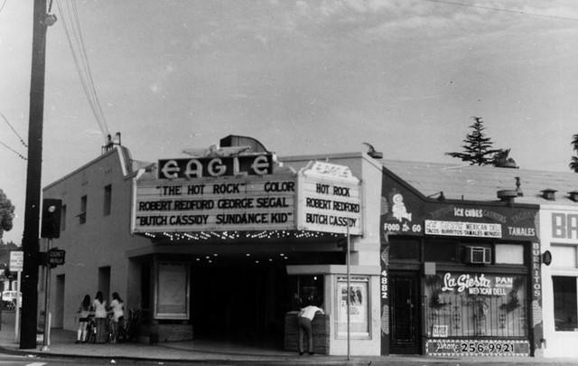 An image of the old Eagle theater in Eagle rock shows the location with an old banner