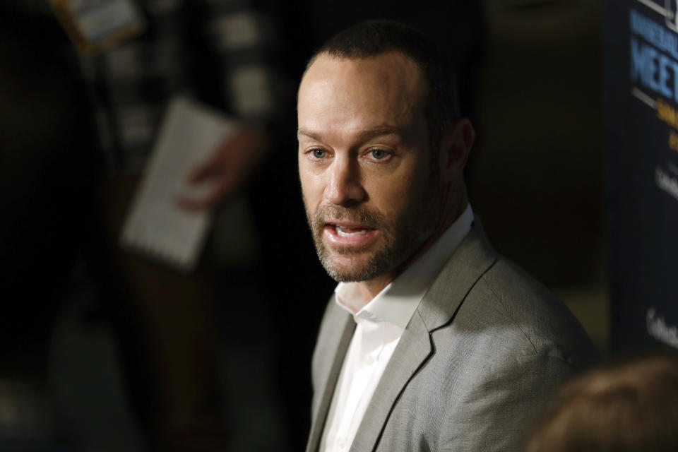 San Francisco Giants manager Gabe Kapler speaks during the Major League Baseball winter meetings, Tuesday, Dec. 10, 2019, in San Diego. (AP Photo/Gregory Bull)