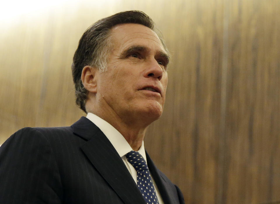 Mitt Romney speaking to members of the media after a dinner with President-elect Donald Trump on Nov. 29, 2016. (Photo: John Angelillo/Pool via Bloomberg)